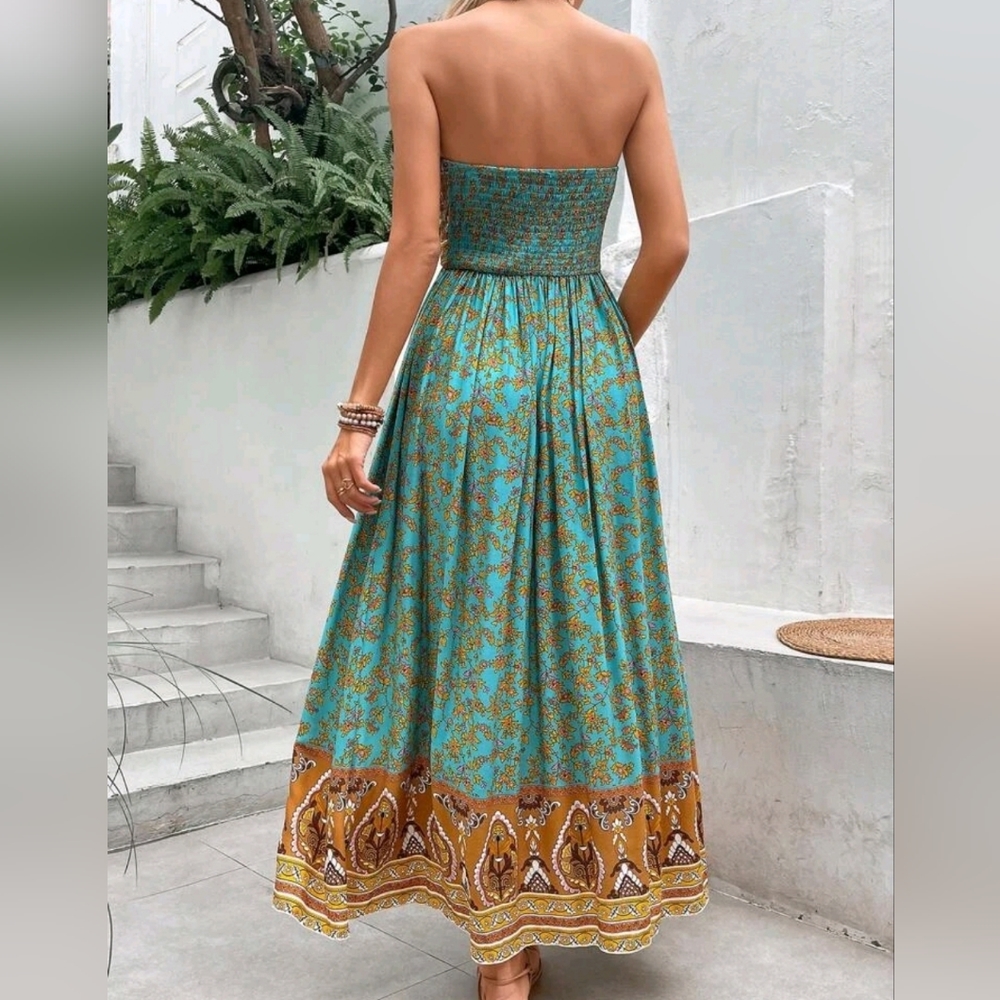 NEW Boho Floral Print Smocked Tube Top Dress Teal Blue Green Yellow Tan - Picture 5 of 11